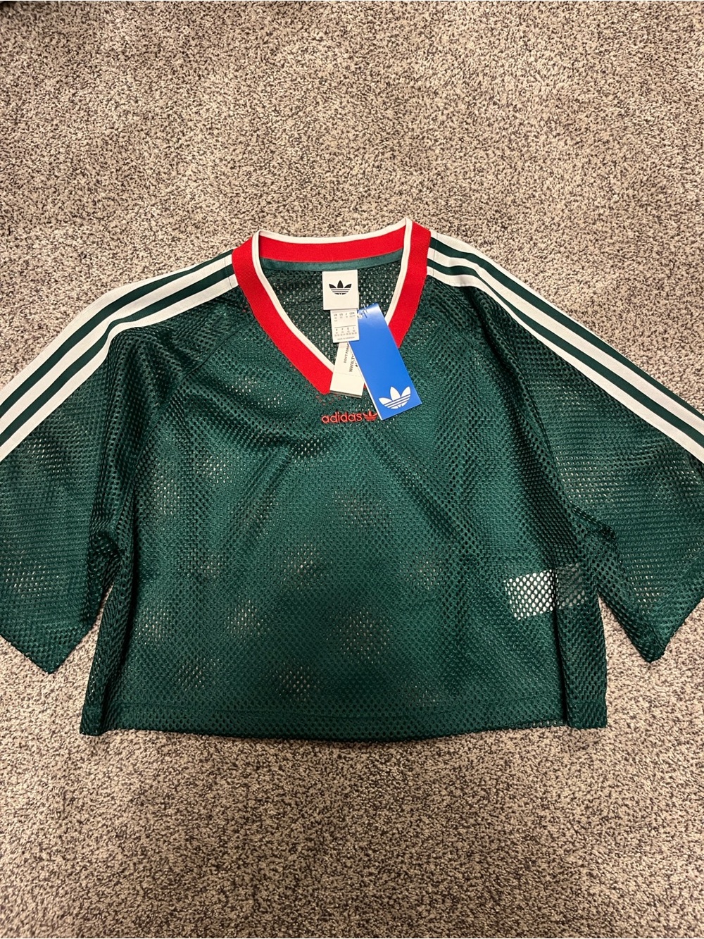 Adidas women’s Green Mesh Crop Top with Red V-Neck and White Stripes